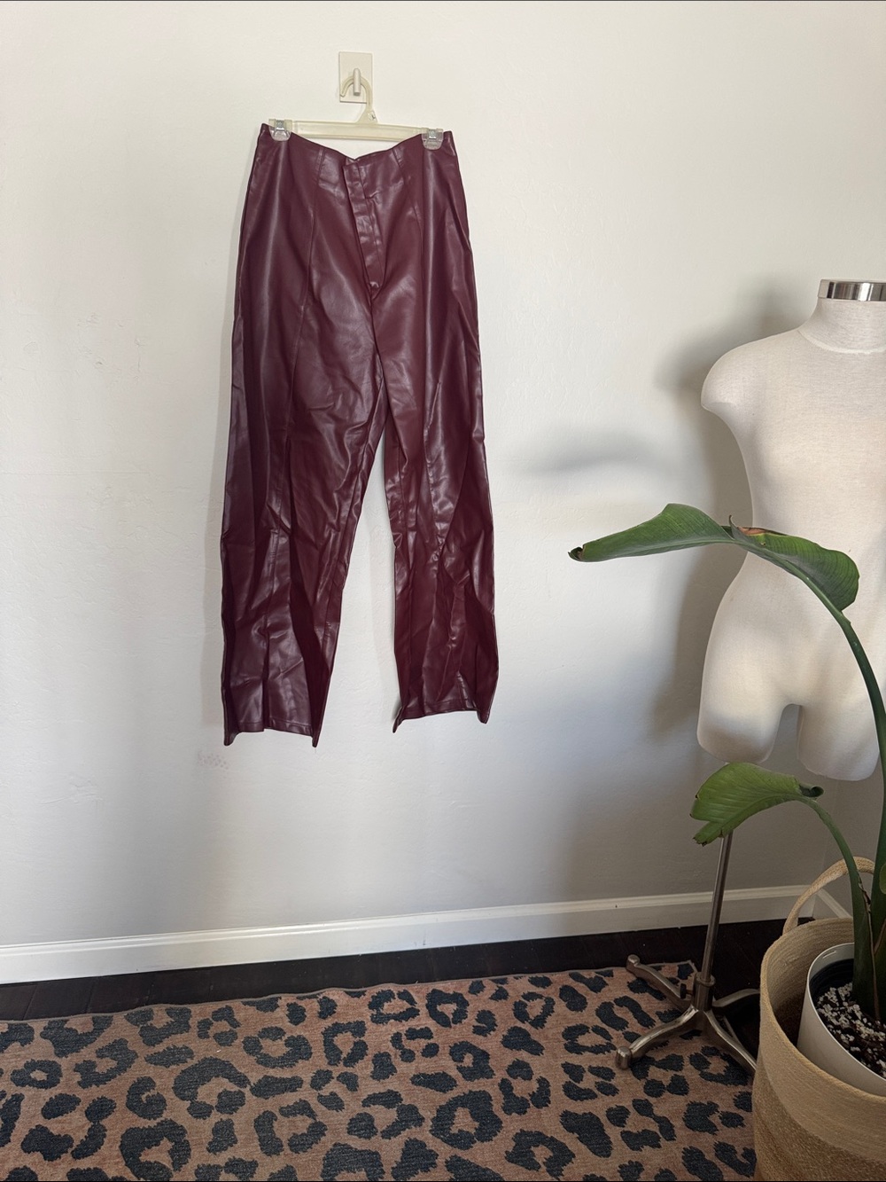 Commense Wide Leg Faux Leather Pants in Burgundy